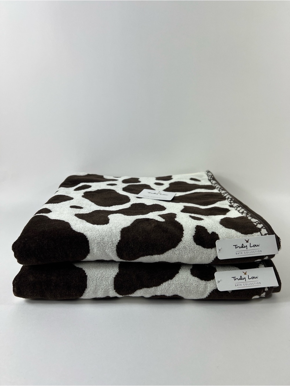 Truly Lou Bath Towel Set Cow Print Brown & Cream Soft Cotton Velour 2 Pc NEW